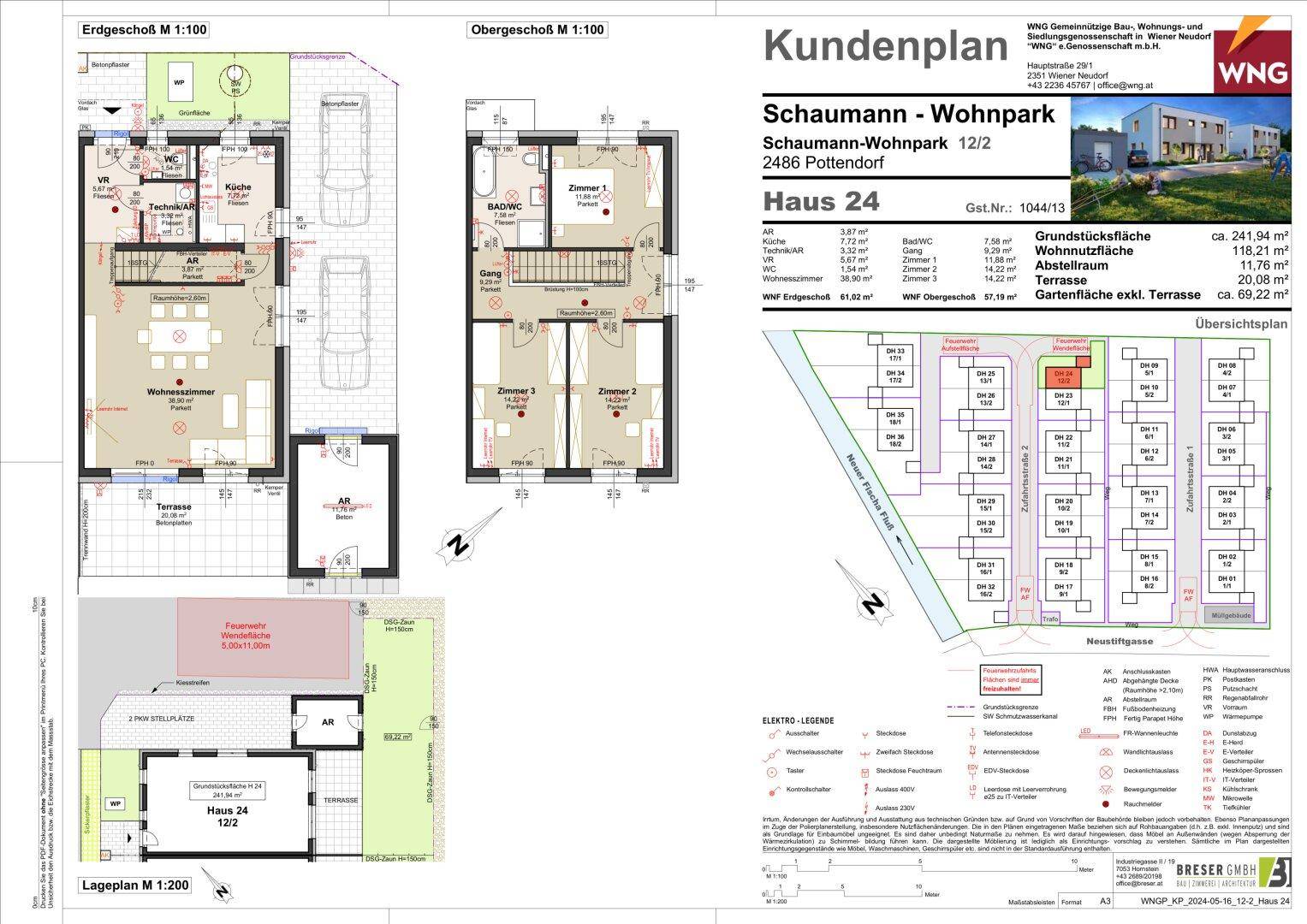 Detaillierter Kundenplan mit Grundrissen von Erd- und Obergeschoss, Lageplan und Außenansicht eines modernen Neubaus.