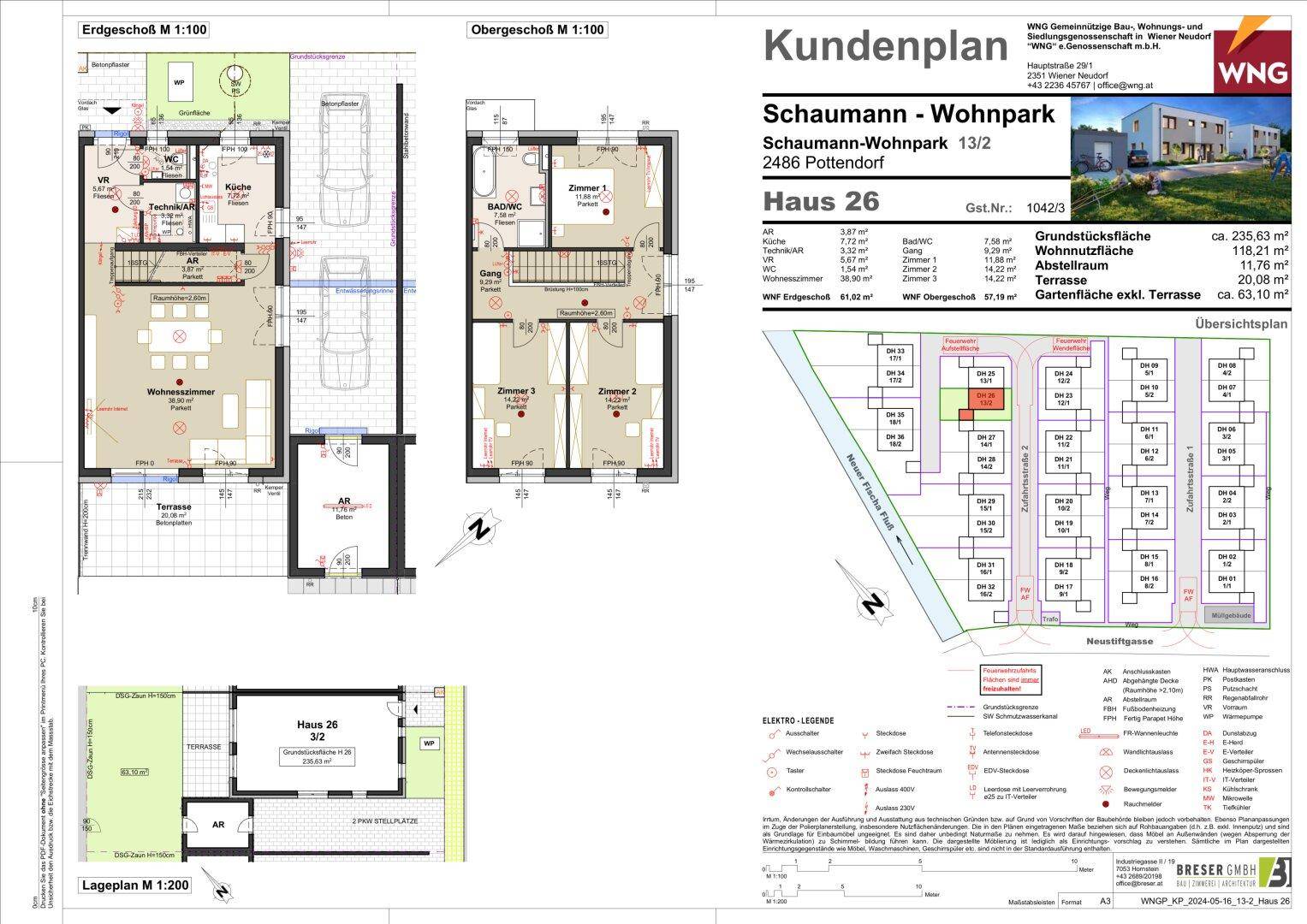 Detaillierter Kundenplan mit Grundrissen des Erd- und Obergeschosses, einem Lageplan und einer Übersicht des Wohnparks.