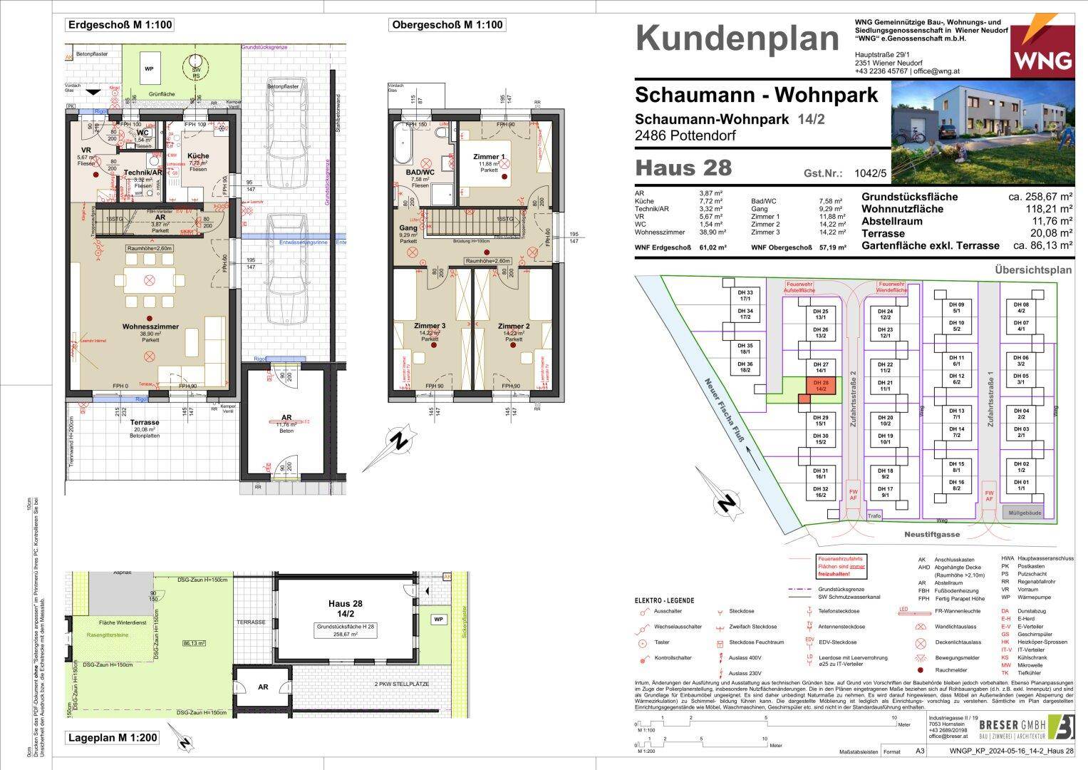 Detaillierter Kundenplan mit Grundriss des Erd- und Obergeschosses sowie Lageplan des Hauses 28 in der Wohnanlage.