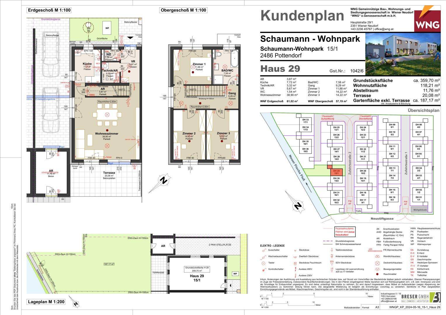 Detaillierter Kundenplan mit Grundriss des Erd- und Obergeschosses, inklusive Terrasse, Garten und Stellplätzen.