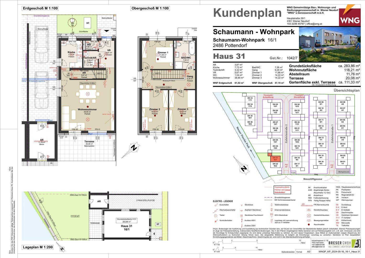 Detaillierter Kundenplan mit Grundrissen für Erd- und Obergeschoss, Lageplan und Übersicht des Wohnparks.