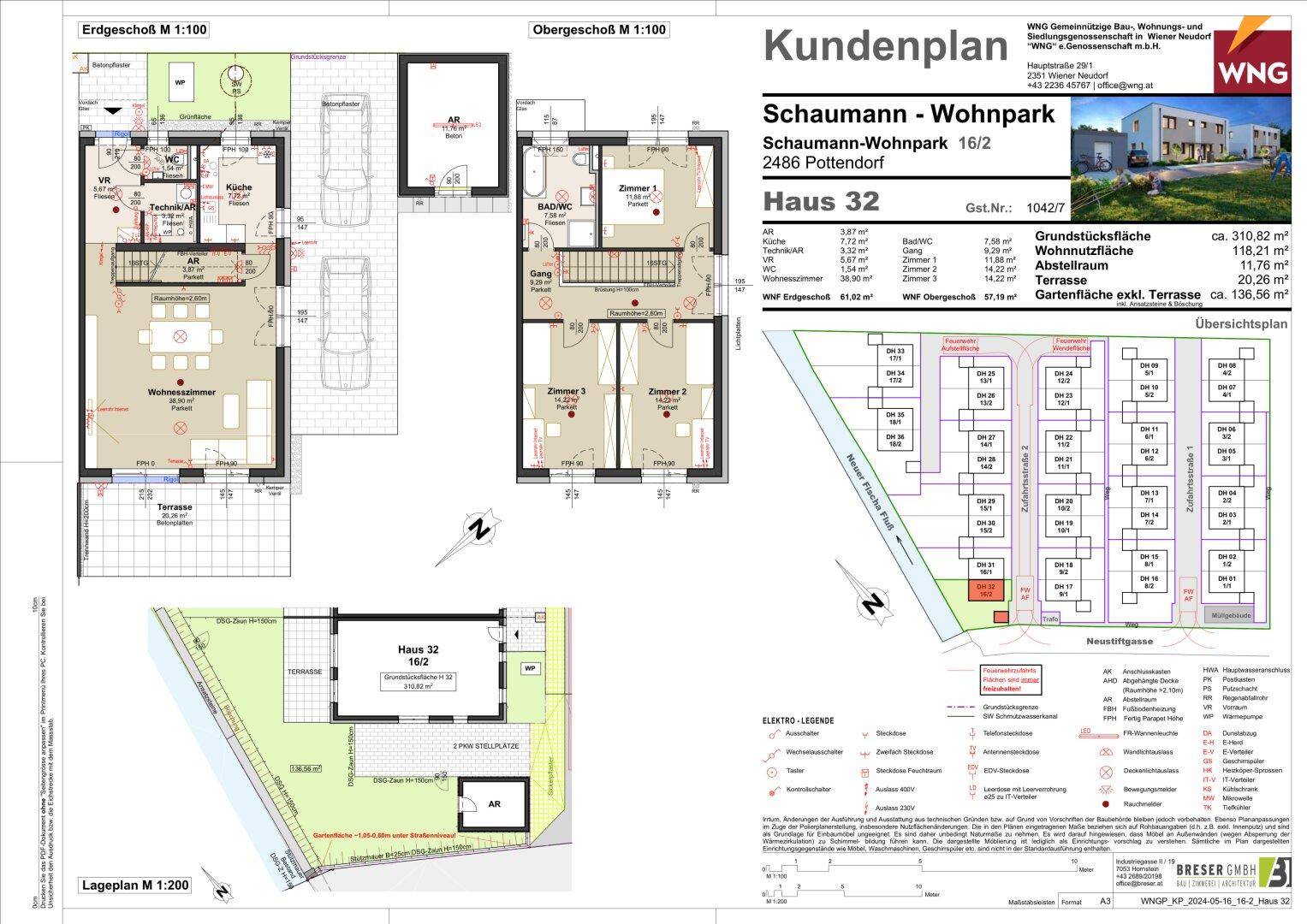 Detaillierter Kundenplan mit Grundrissen für Erd- und Obergeschoss, inklusive Lageplan und Ansicht eines modernen Neubaus.
