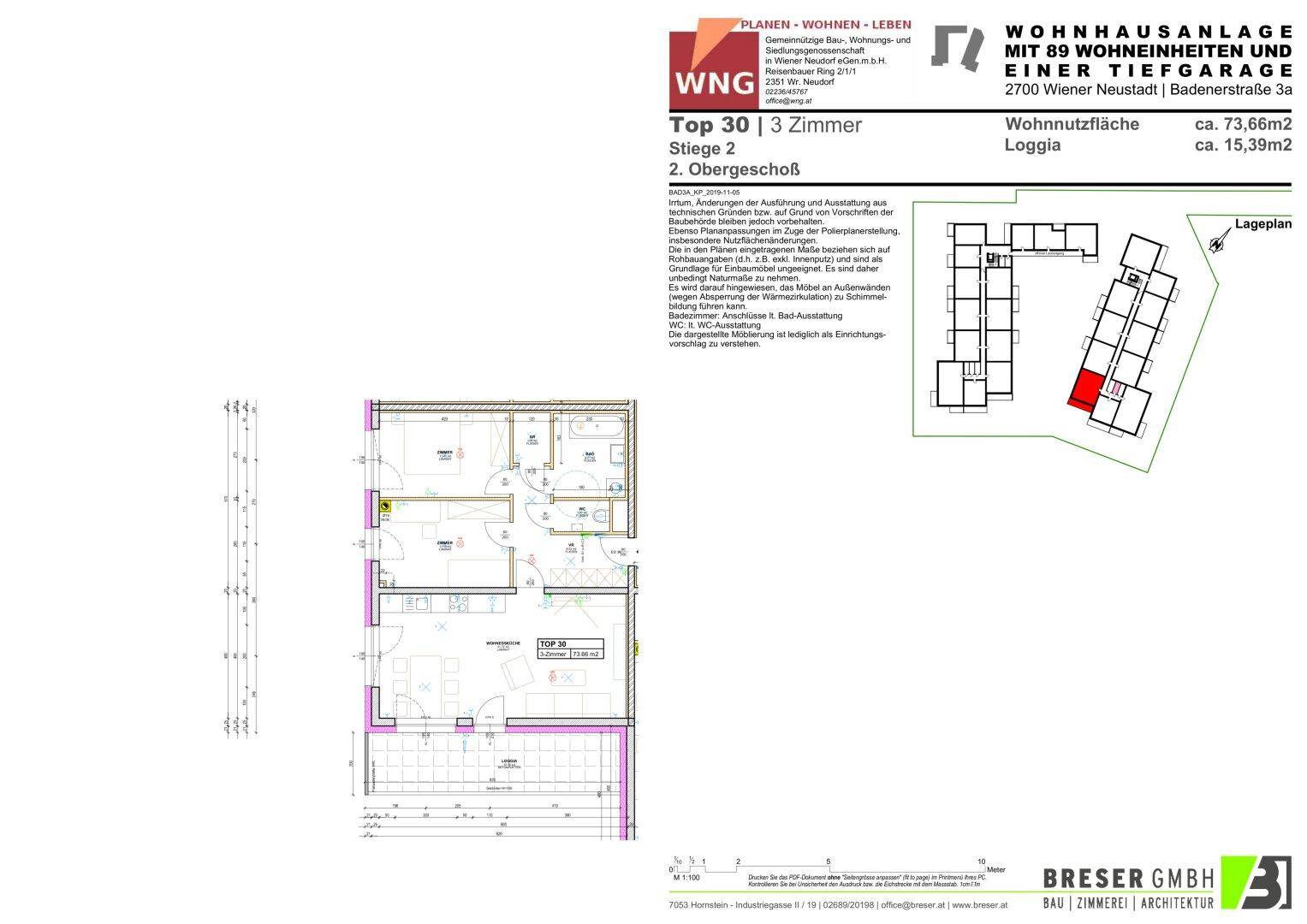 Grundriss einer 3-Zimmer-Wohnung im zweiten Obergeschoss mit Loggia, Bad und separatem WC.
