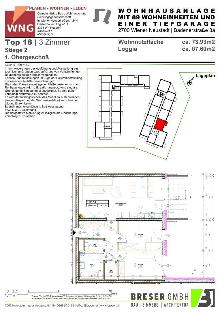 Grundriss der Wohnung Top 18 im ersten Obergeschoss mit offenem Wohnbereich, Loggia und separatem WC.