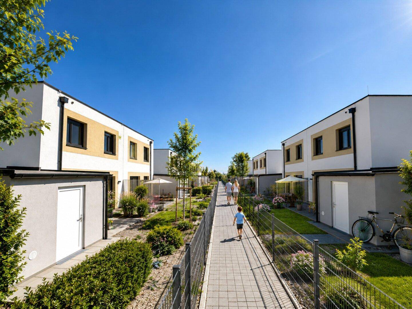 Fußweg zwischen modernen Reihenhäusern mit gepflegten Gärten unter strahlend blauem Himmel und Spaziergängern.