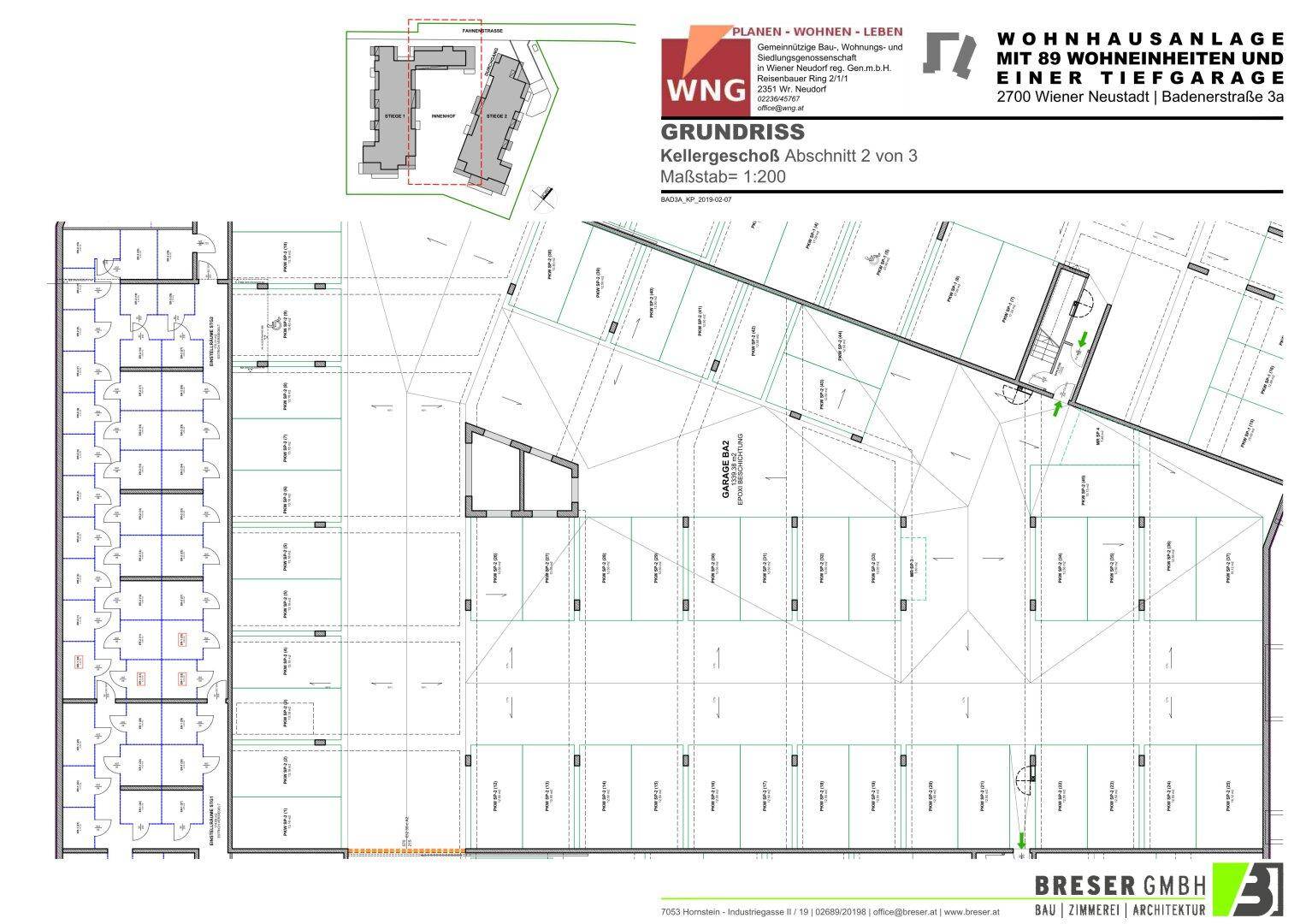 Zweiter Abschnitt des Kellergeschoss-Grundrisses mit weiteren Parkplätzen und Erschließung für die Wohnanlage.