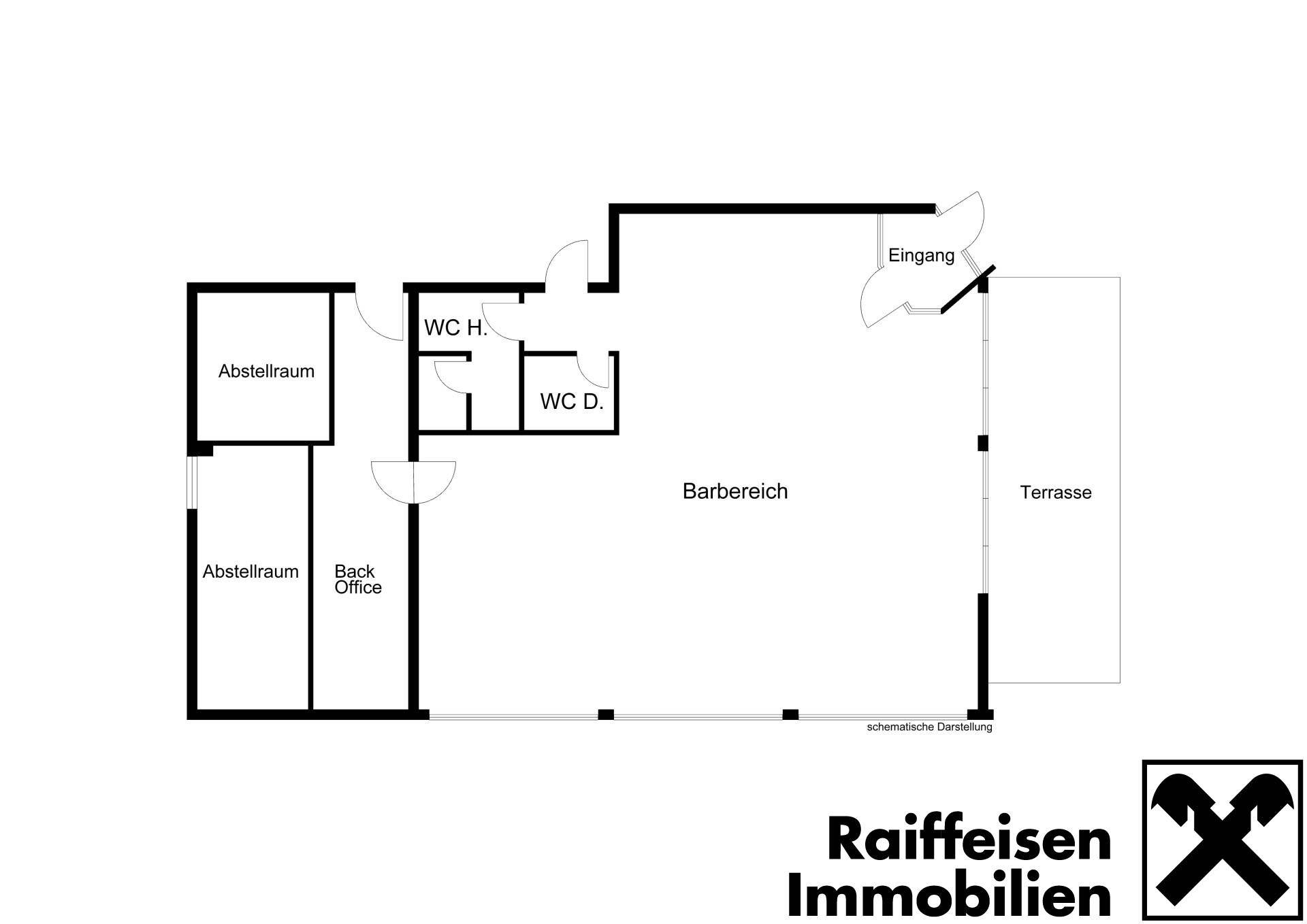 Grundriss des Erdgeschosses mit Barbereich, Toiletten und Abstellräumen sowie einer Terrasse.