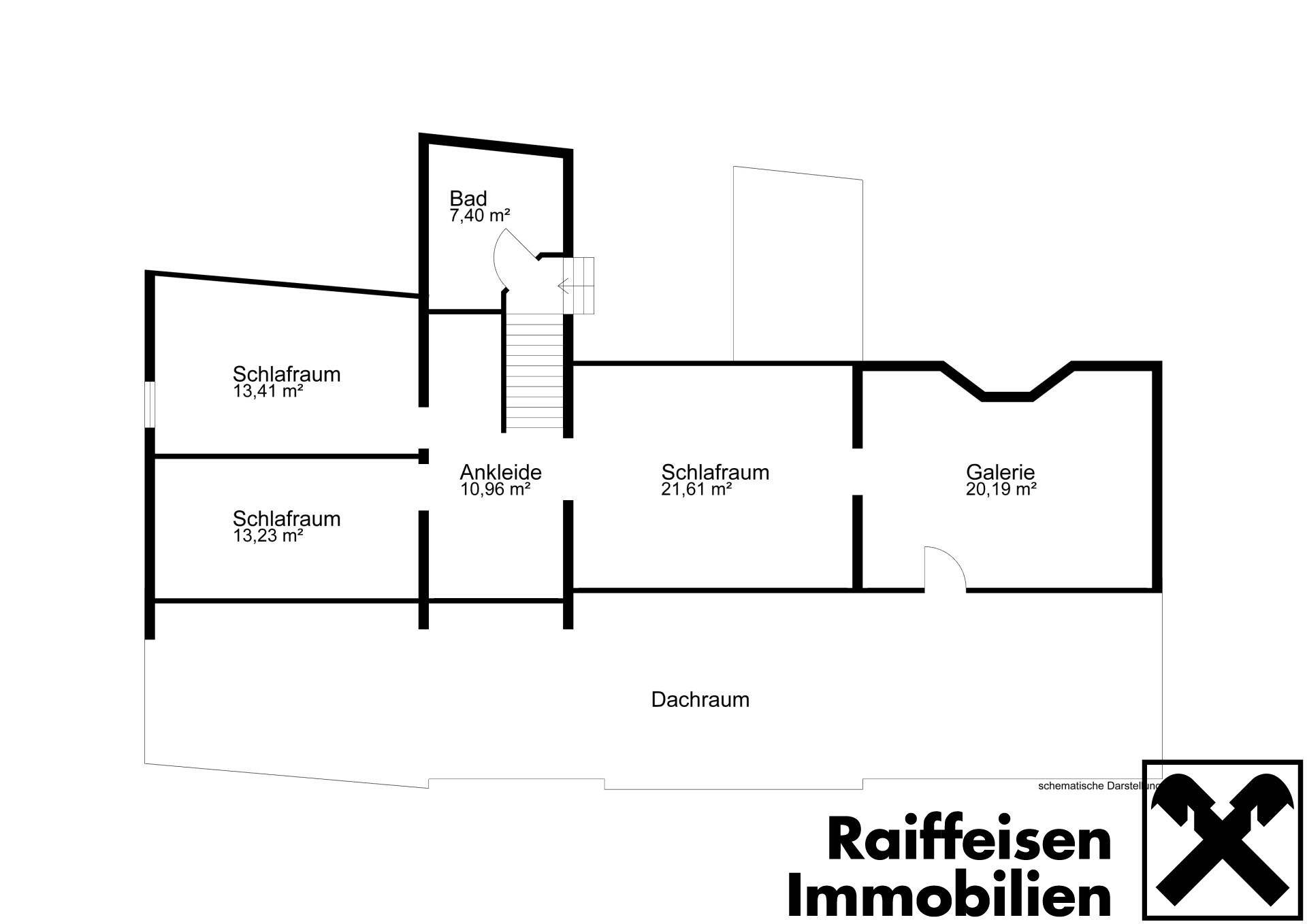 Grundriss des Obergeschosses mit Schlafzimmern, Bad, Ankleide und Galerie im Dachraum.