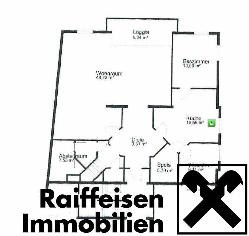 Grundriss des Erdgeschosses mit Wohnraum, Esszimmer, Küche und Loggia.
