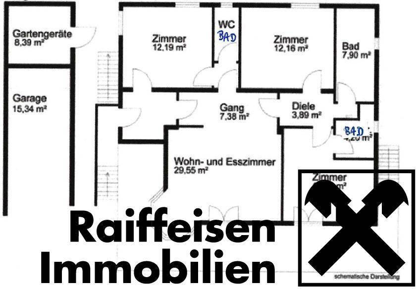 Grundriss des Erdgeschosses mit Wohn- und Esszimmer, drei Zimmern und zwei Bädern.