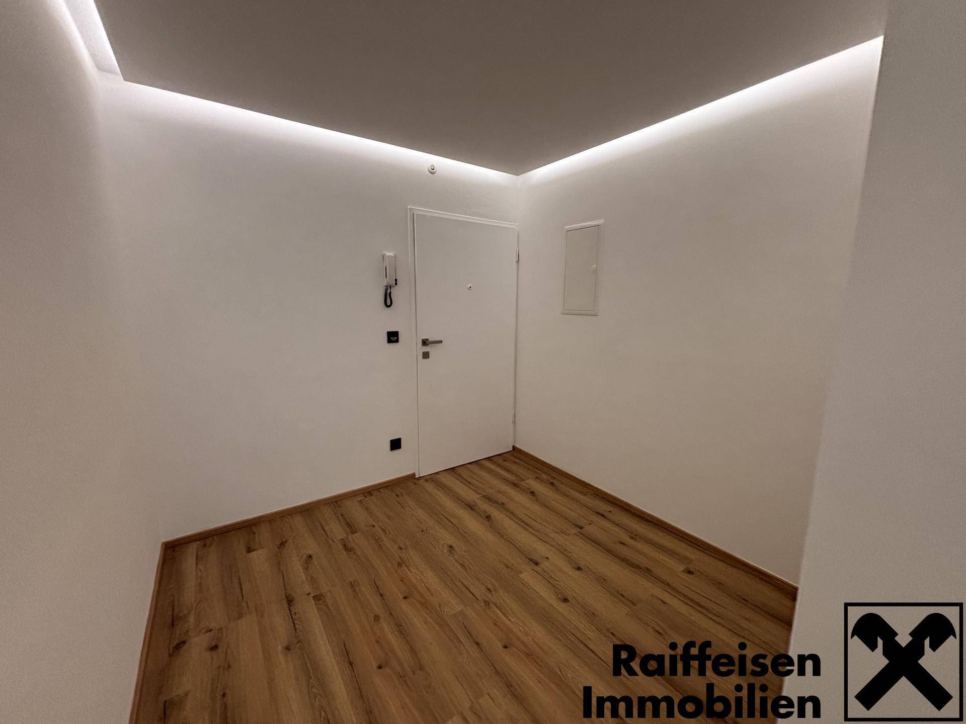 Heller Eingangsbereich mit Laminatboden, weiß gestrichenen Wänden und moderner Deckenbeleuchtung.