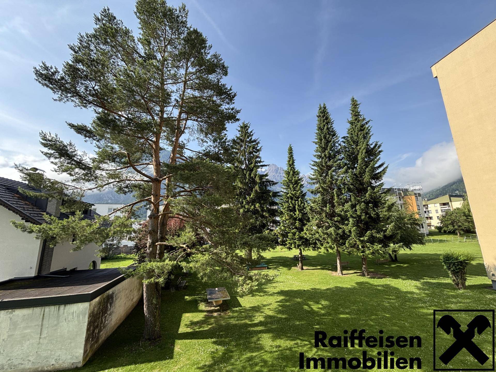 Großer, gepflegter Gartenbereich mit altem Baumbestand und viel Grünfläche unter blauem Himmel.