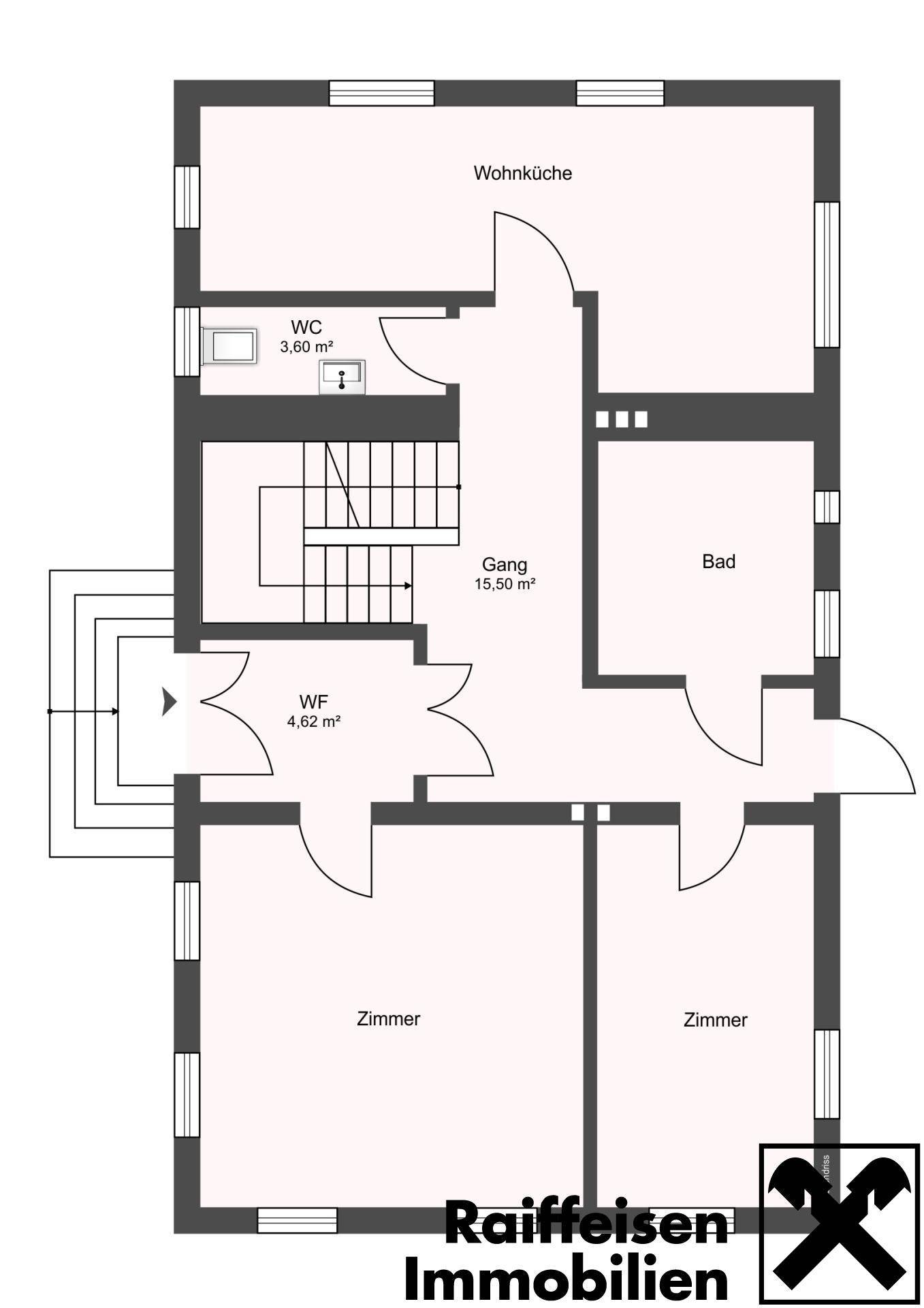 Grundriss des Erdgeschosses mit Wohnküche, Bad, WC und zwei Zimmern.