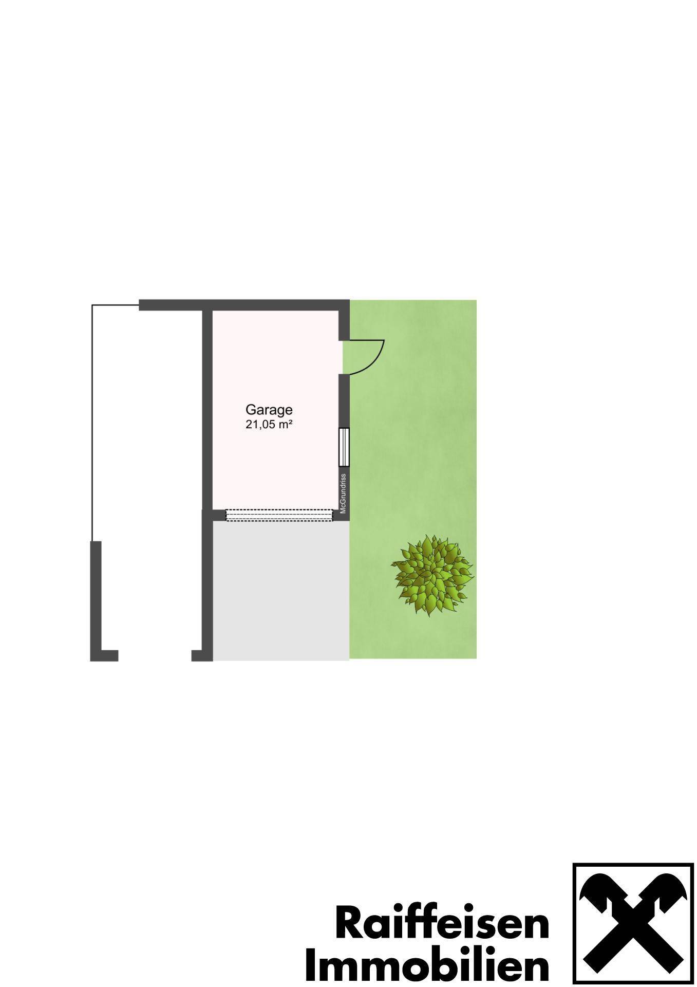 Grundriss zeigt Garage mit 21,05 m² und angrenzender Grünfläche.