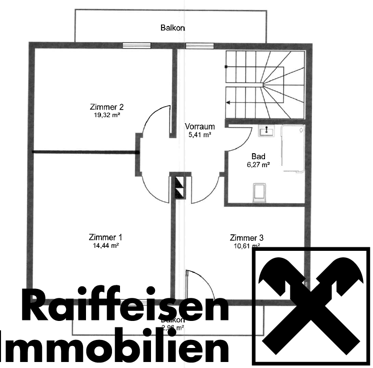 Grundriss des Obergeschosses mit drei Zimmern, Bad und Balkonzugang.