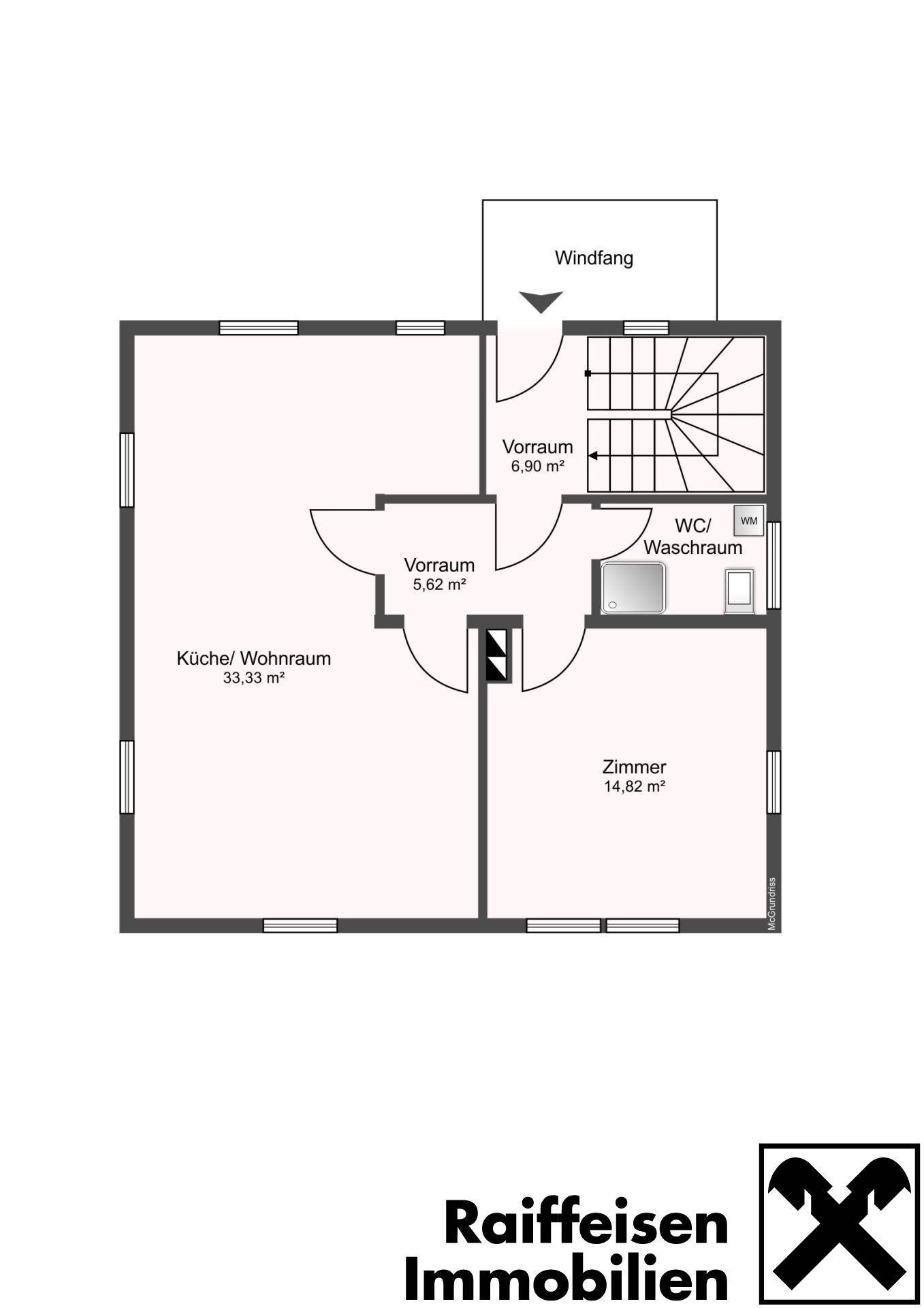 Grundriss des Erdgeschosses mit offener Küche/Wohnraum, Zimmer und WC.