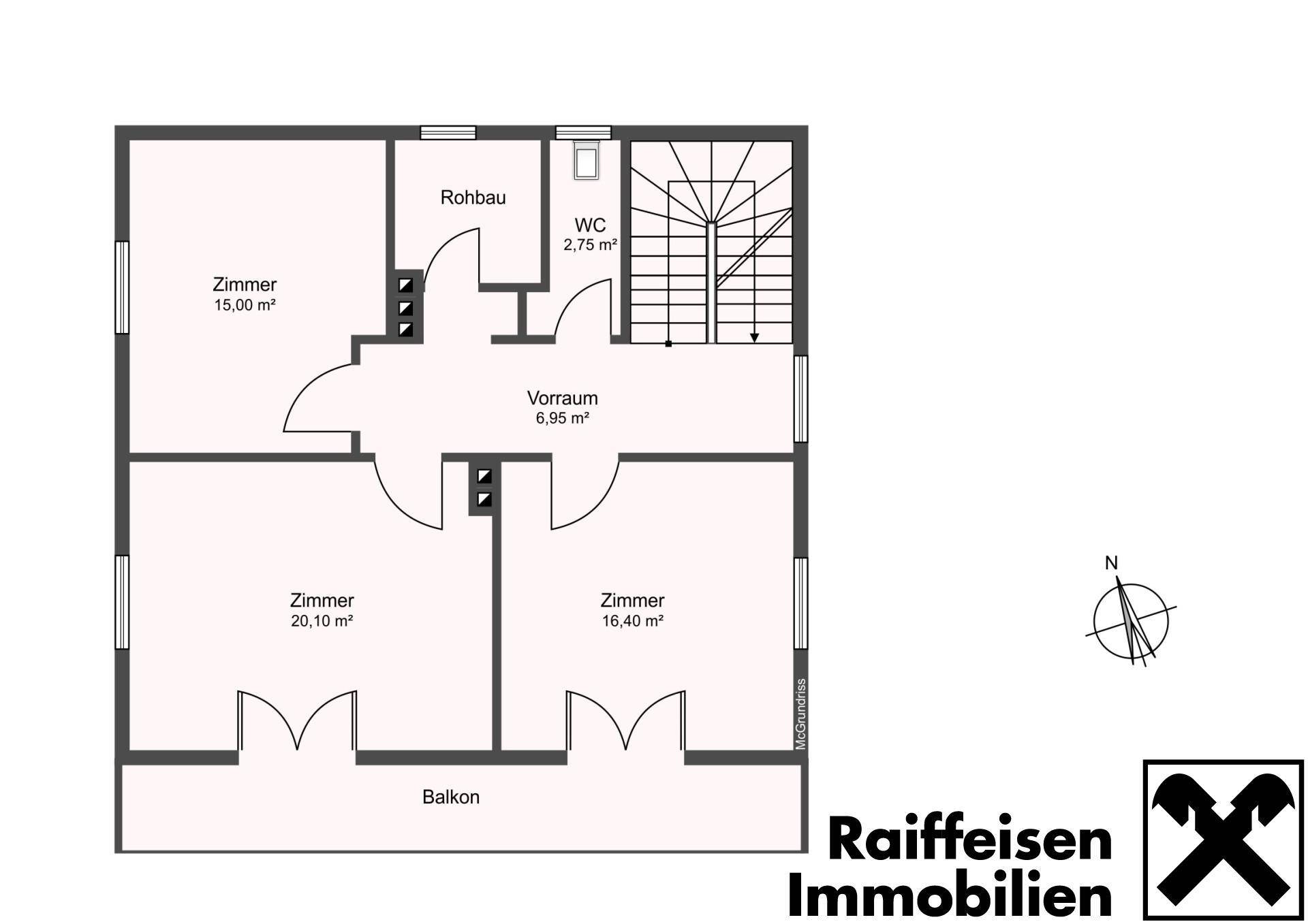 Grundriss des Obergeschosses mit mehreren Zimmern, WC und Zugang zum Balkon.