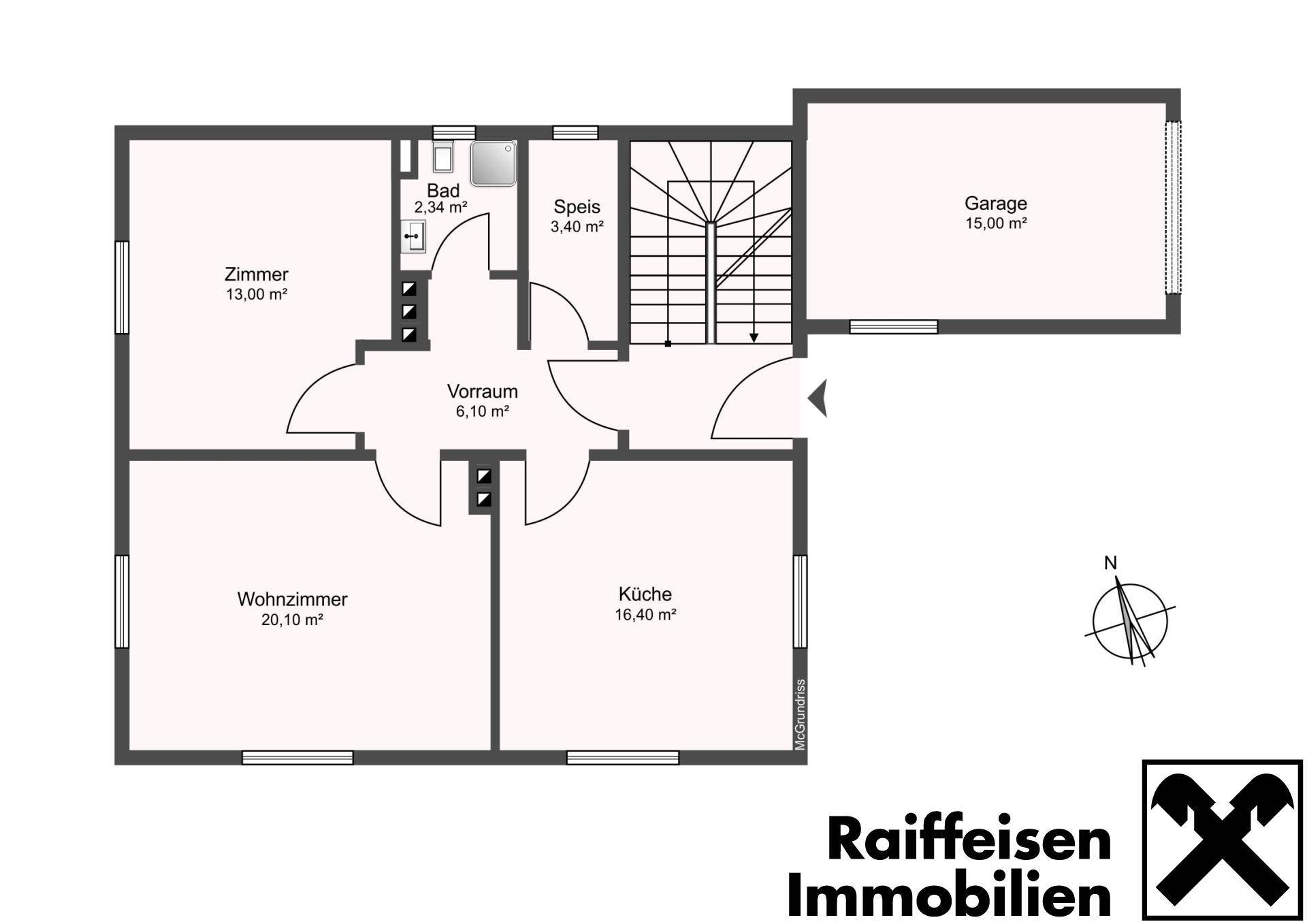 Grundriss des Erdgeschosses mit Wohnzimmer, Küche, Bad, Speisekammer und Garage.