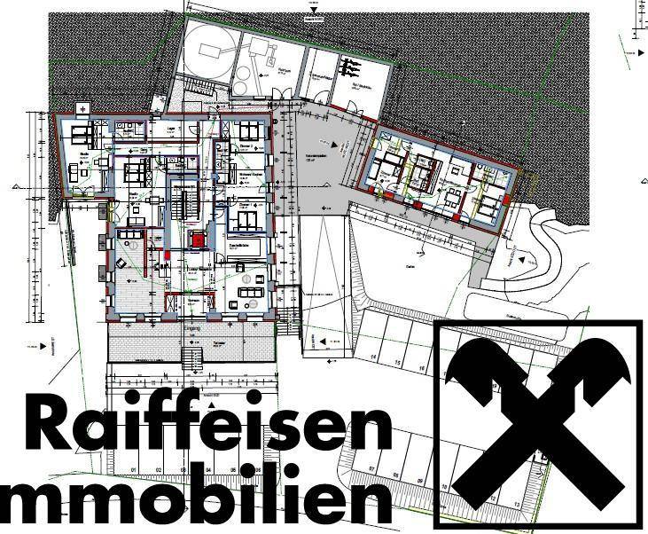 Detaillierter Grundrissplan mit mehreren Gebäudeteilen und farbigen Markierungen für verschiedene Bereiche.