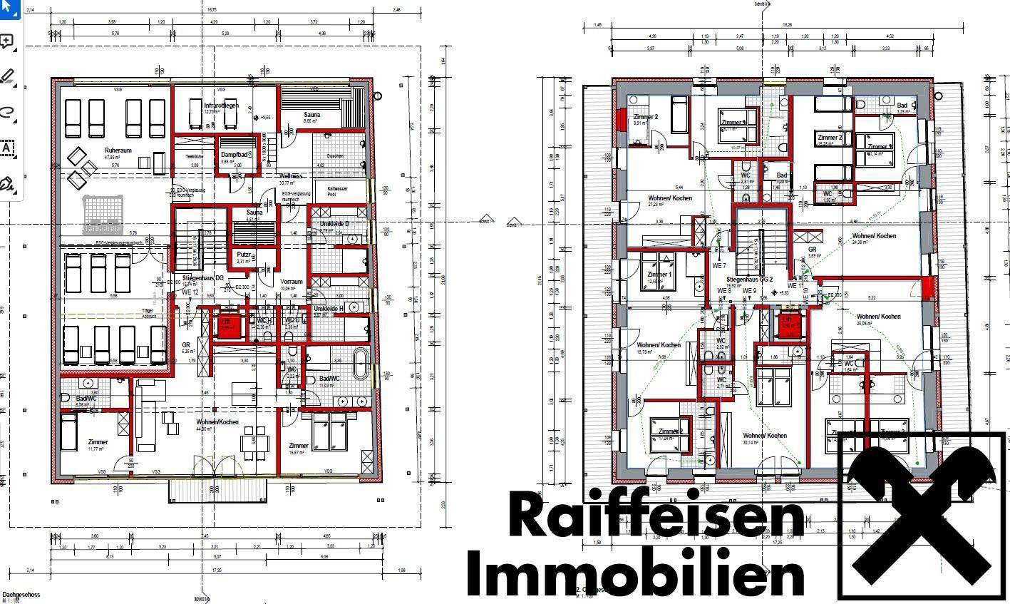 Zwei separate Grundrisspläne nebeneinander, die unterschiedliche Wohnkonzepte und Raumaufteilungen zeigen.