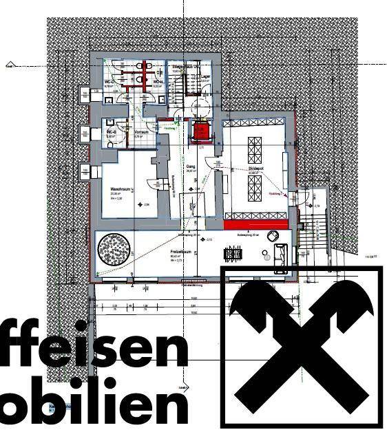 Teilansicht eines Grundrisses, möglicherweise Keller oder Erdgeschoss, mit verschiedenen Funktionsbereichen.