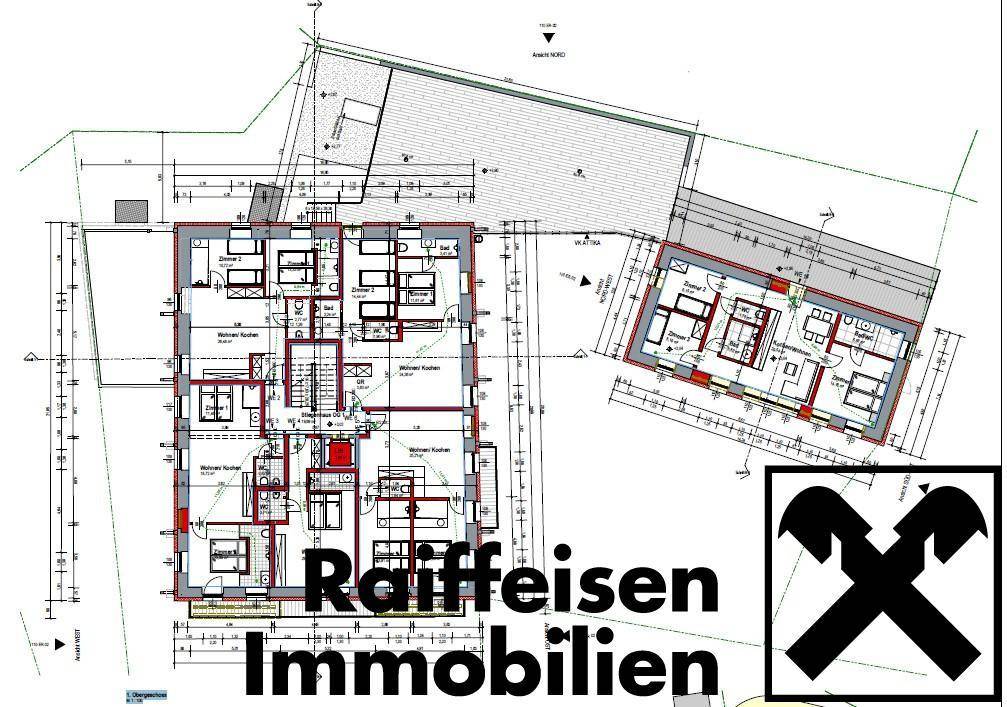 Übersichtlicher Grundrissplan mit detaillierten Raumaufteilungen und Außenbereichen für mehrere Einheiten.