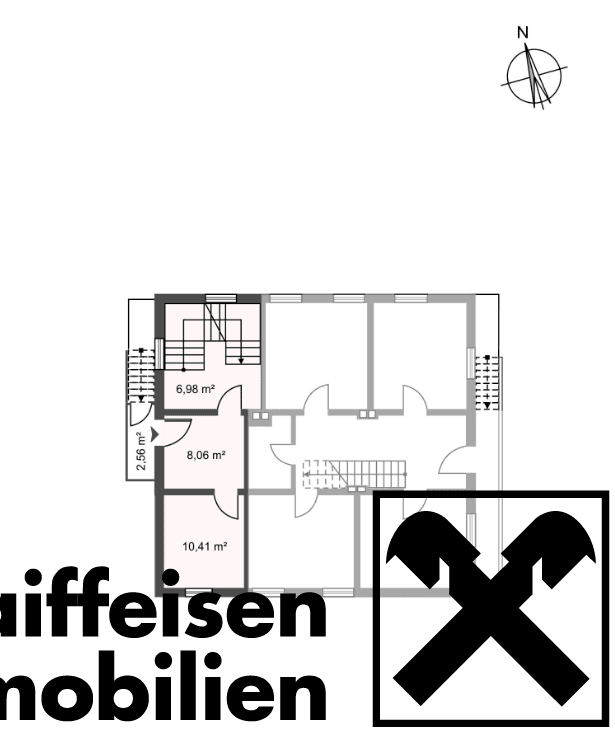 Grundriss des Obergeschosses mit mehreren Zimmern und dem Treppenaufgang.