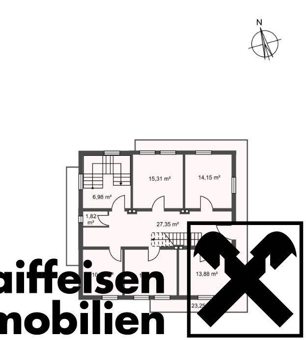 Grundriss eines weiteren Obergeschosses mit Zimmern und Treppenhaus.