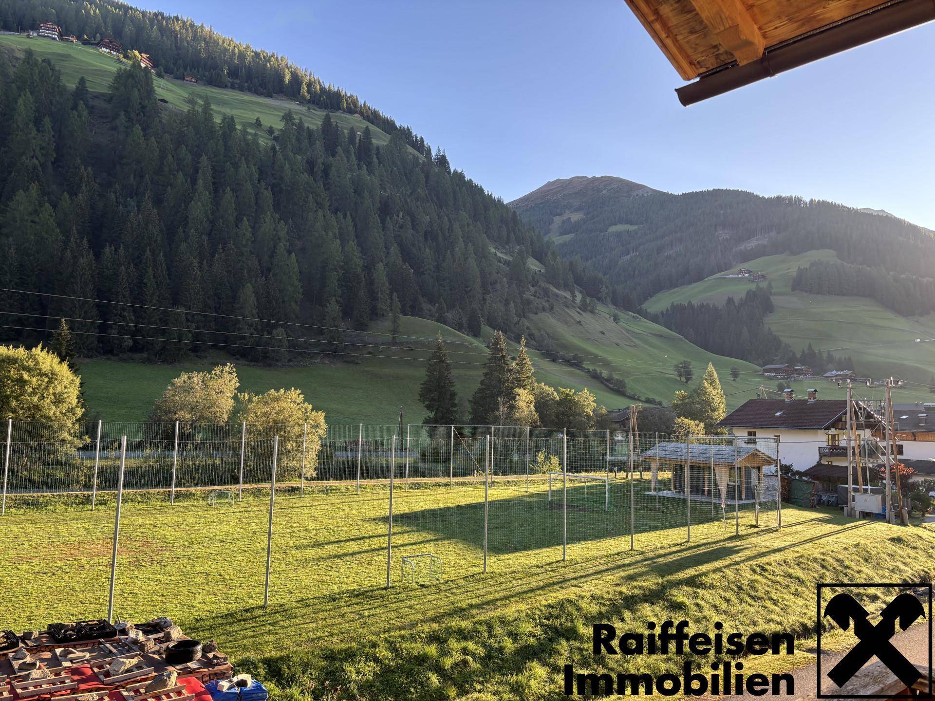 Weitläufiger Blick über grüne Wiesen und bewaldete Berghänge in der Morgensonne.