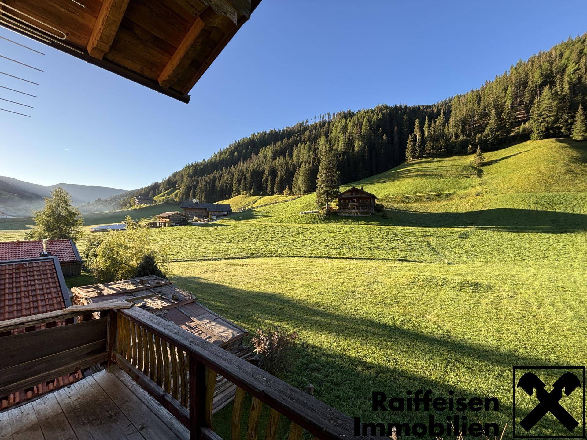 Panoramablick vom Holzbalkon über grüne Almwiesen und die idyllische Berglandschaft.