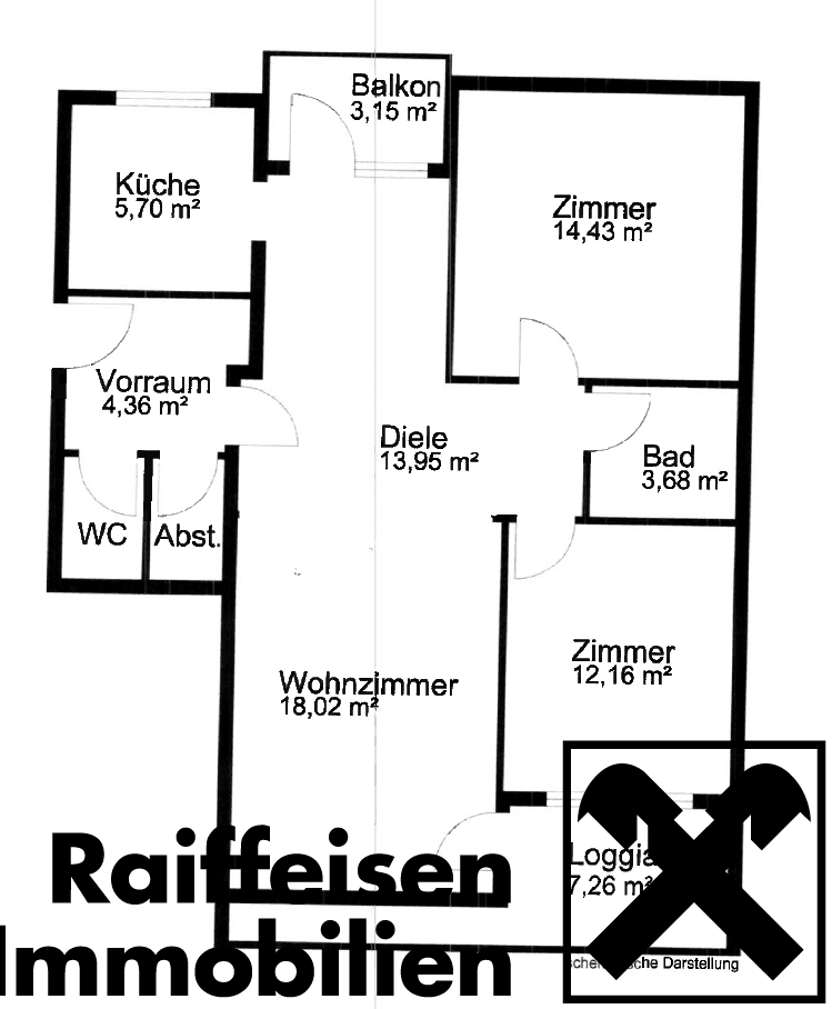 Grundriss einer Wohnung mit Balkon, Loggia und separatem WC.