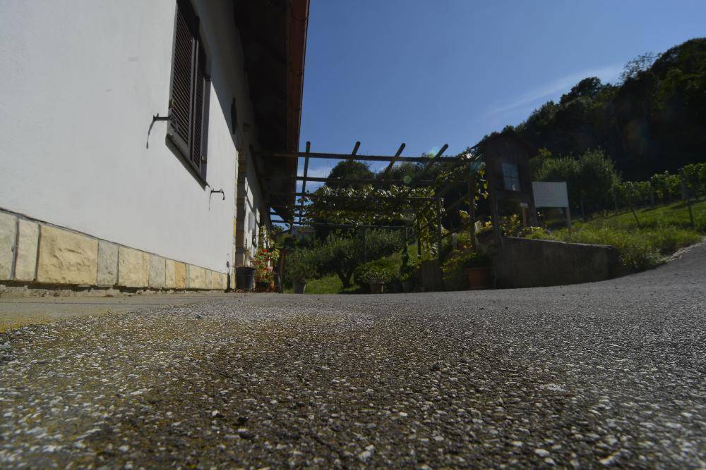 Niedrige Perspektive des gepflasterten Bereichs neben dem Haus mit Pergola und grüner Umgebung.