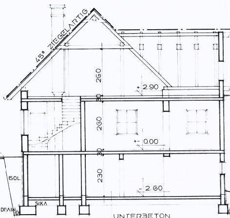 Architektonische Schnittzeichnung des Gebäudes mit Dachneigung und verschiedenen Geschossebenen.