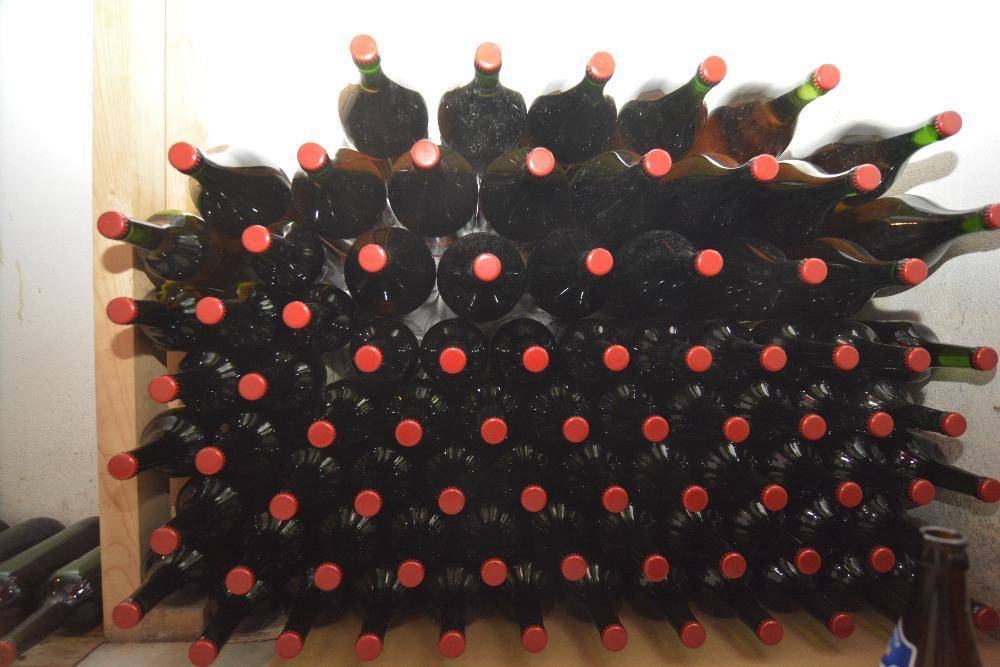 Weinregal gefüllt mit zahlreichen Flaschen, bereit zur Lagerung oder zum Genuss in einem Weinkeller.