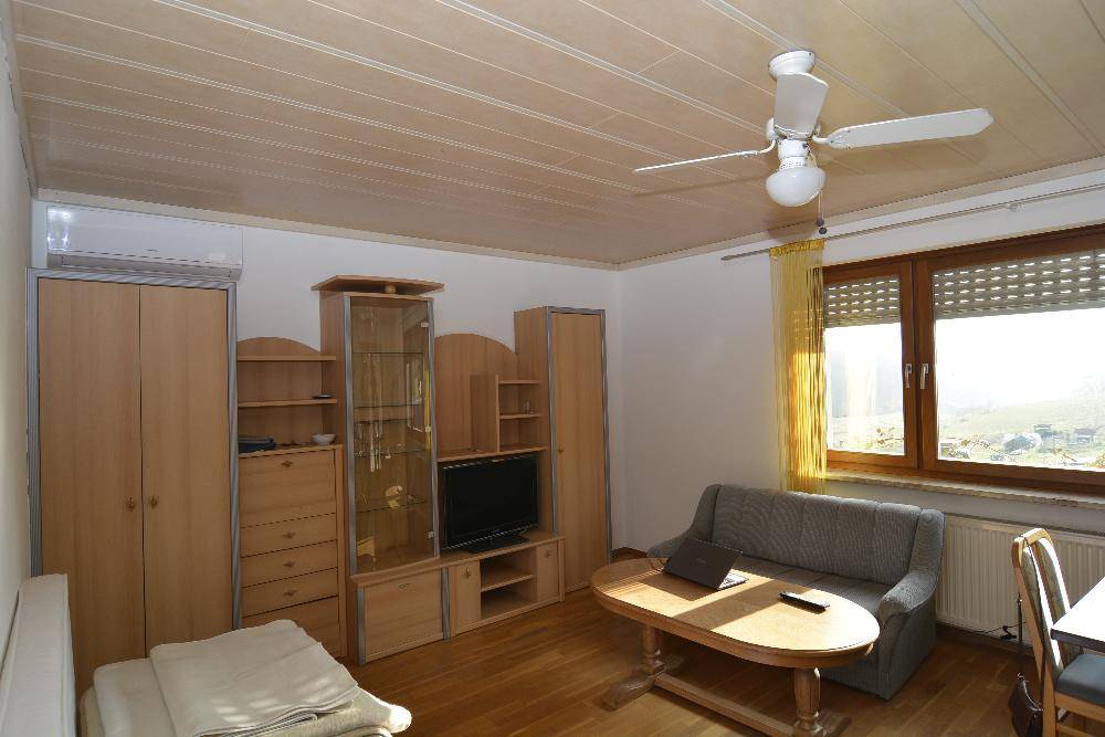Helles Wohnzimmer mit Sofa, TV-Möbel und Deckenventilator.