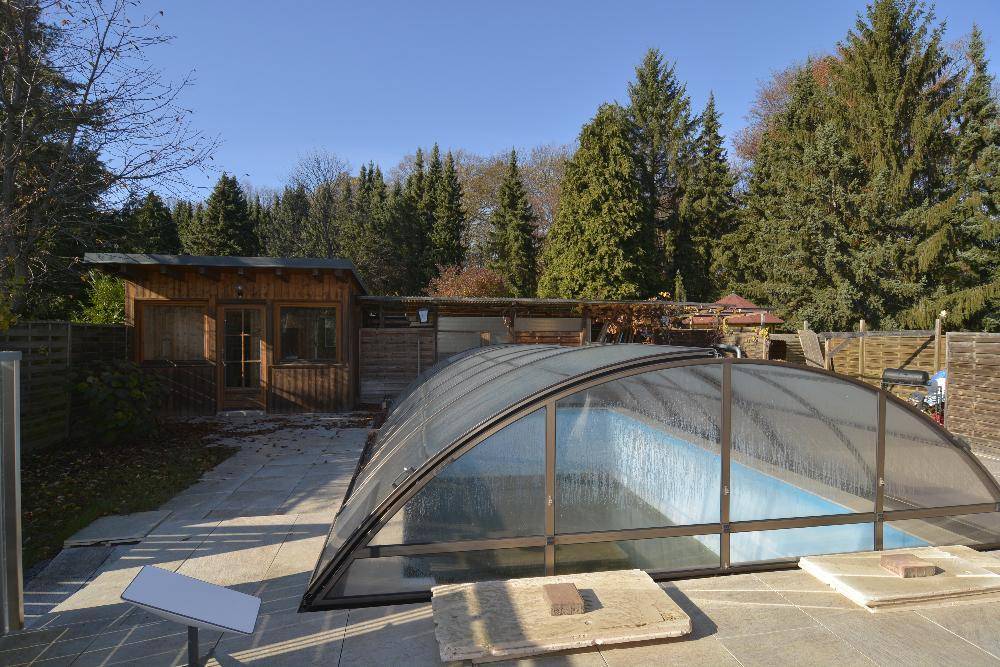 Überdachter Poolbereich mit angrenzendem Holzschuppen und hohen Nadelbäumen im Hintergrund.