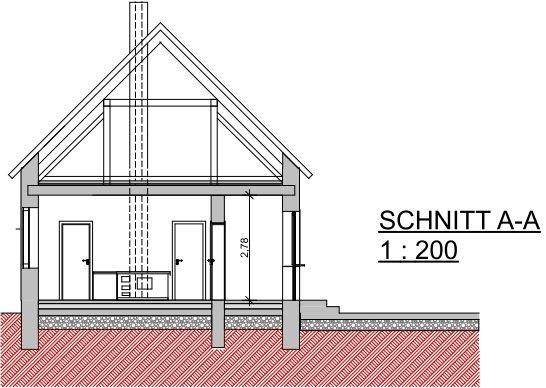 Architektonischer Querschnitt eines Hauses mit Dachschräge und verschiedenen Ebenen.