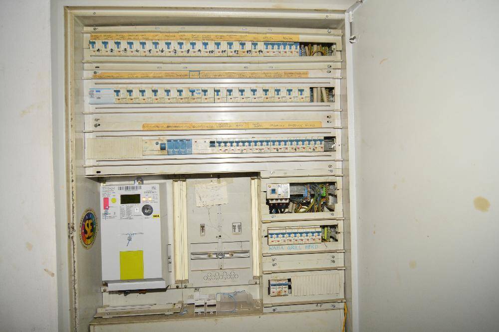 Großer Sicherungskasten mit zahlreichen Schaltern und Zähler in einem Technikraum, gut organisiert.
