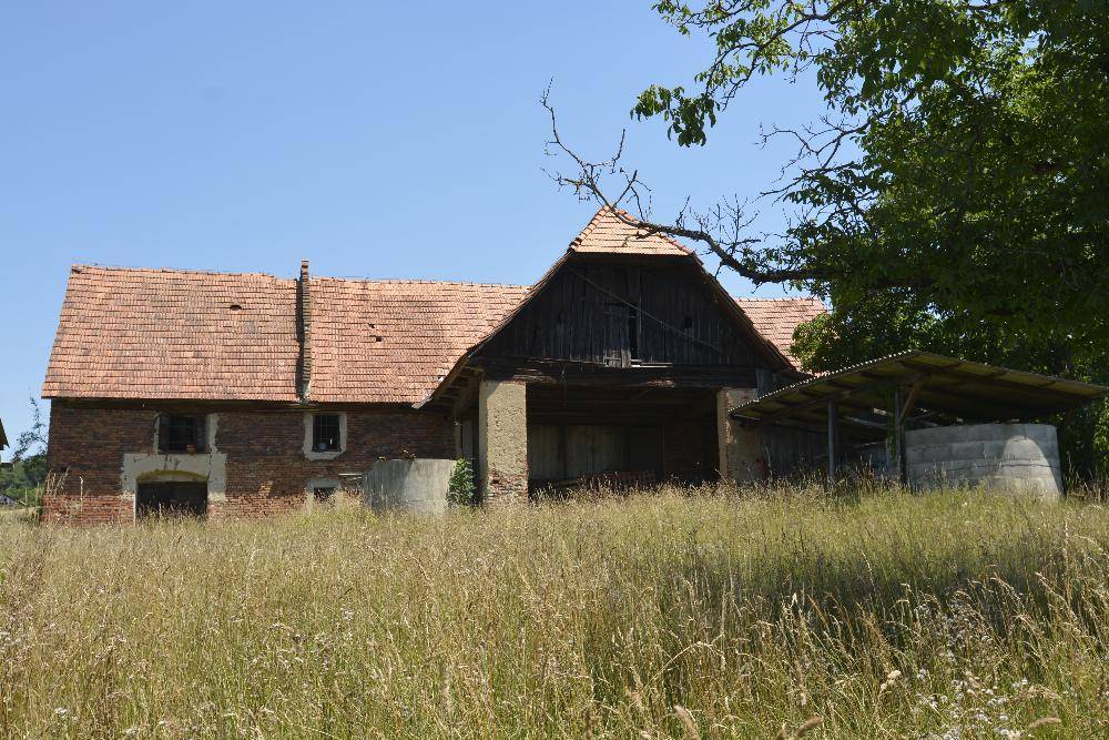 Altes, verfallenes Scheunengebäude mit Holzbalken und Ziegeldach inmitten einer Wiese.