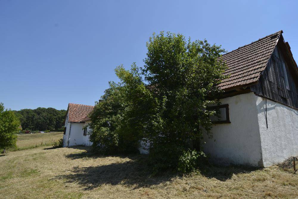 Seitenansicht des Landhauses mit Holzgibel, umgeben von weiten Wiesen und Bäumen unter blauem Himmel.