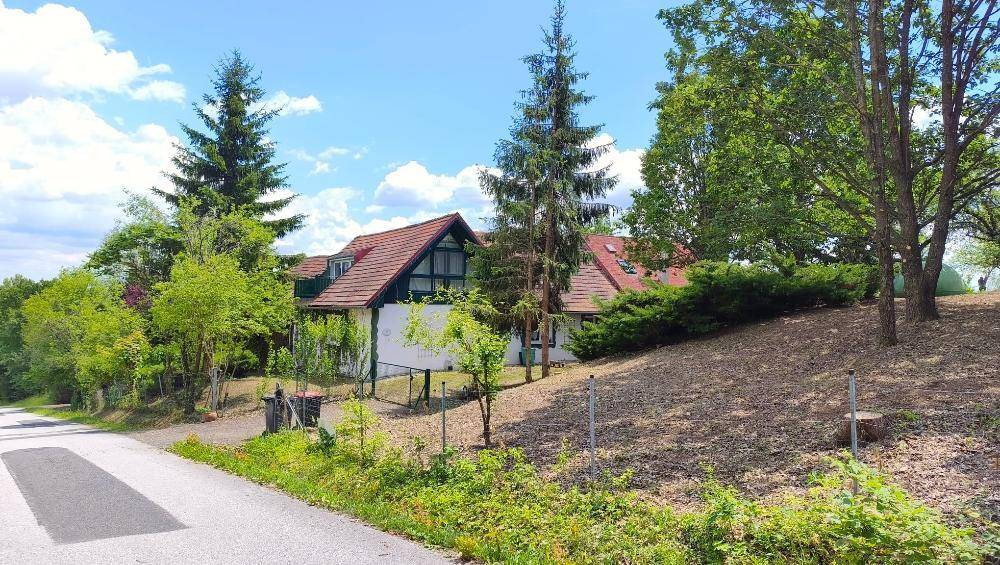 Hausansicht von der Straße, eingebettet in eine grüne Hanglage mit hohen Bäumen und viel Natur.