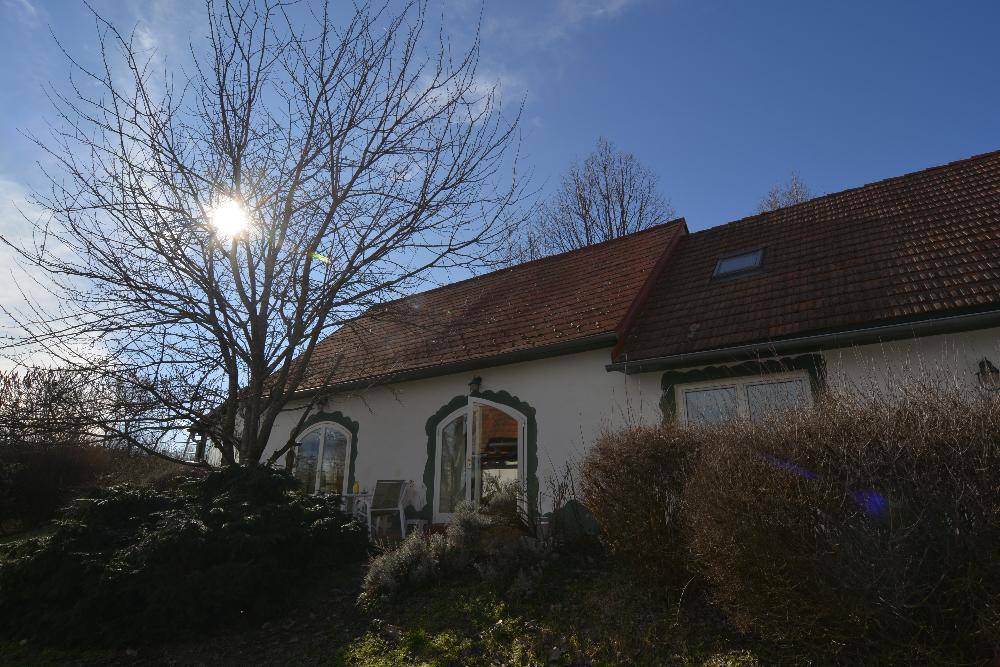Sonnenbeschienene Hausfassade mit traditionellen Fenstern und kahlen Bäumen im winterlichen Licht.