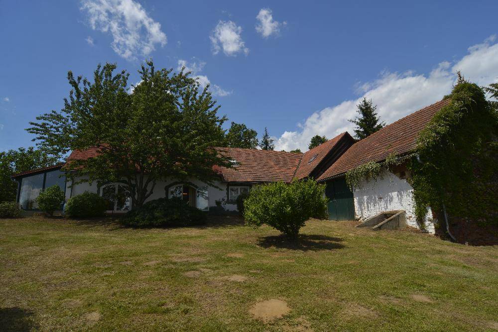 Weitläufige Ansicht des Hauses mit großem Garten und bewachsenen Nebengebäuden unter blauem Himmel.