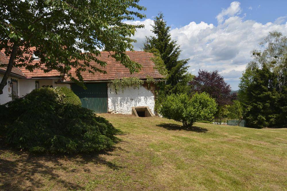 Nebengebäude des Hauses mit grüner Tür und kleinem Kellereingang, umgeben von Rasen und Büschen.
