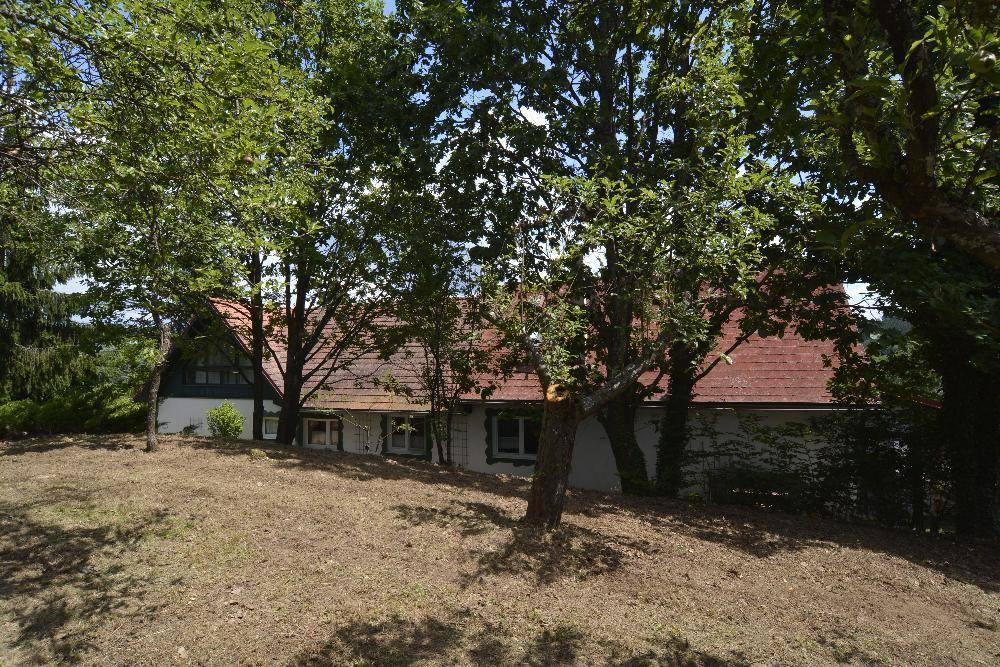 Teilansicht des Hauses, umgeben von dichtem Baumbestand, mit sichtbarem Dach und Fassade.