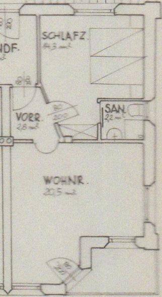 Ausschnitt eines Grundrisses mit Schlafzimmer, Wohnzimmer und Sanitärbereich.