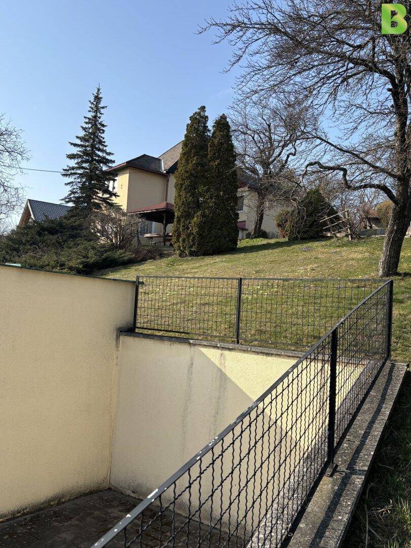 Blick auf das Haus am Hang mit einer Zufahrt und einem Metallgeländer im Vordergrund.