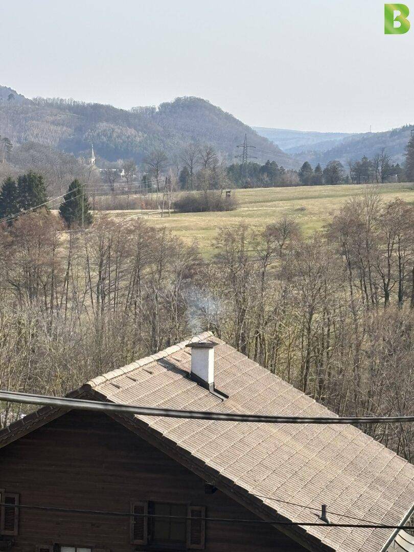Panoramablick über ein Ziegeldach auf eine weite Landschaft mit Hügeln und Feldern.