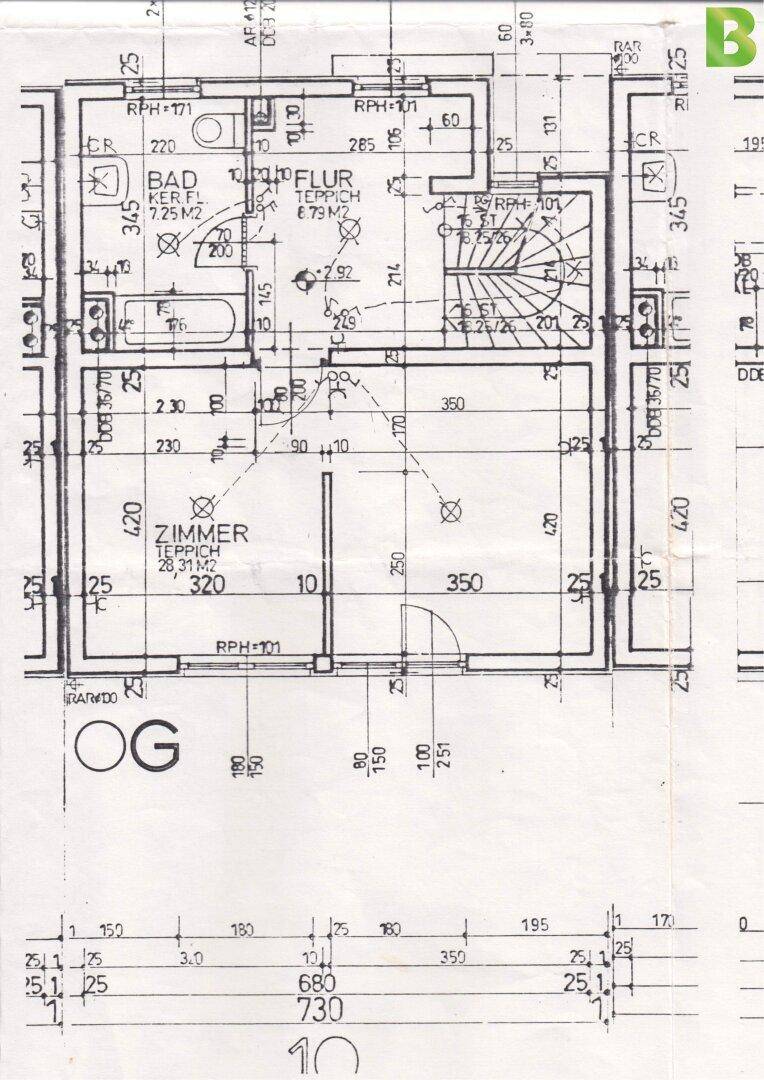 Grundriss des Obergeschosses mit Schlafzimmer, Bad und Flur.