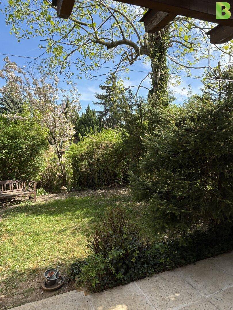 Geflieste Terrasse mit Pergola und Blick auf den grünen Garten mit vielfältiger Bepflanzung.